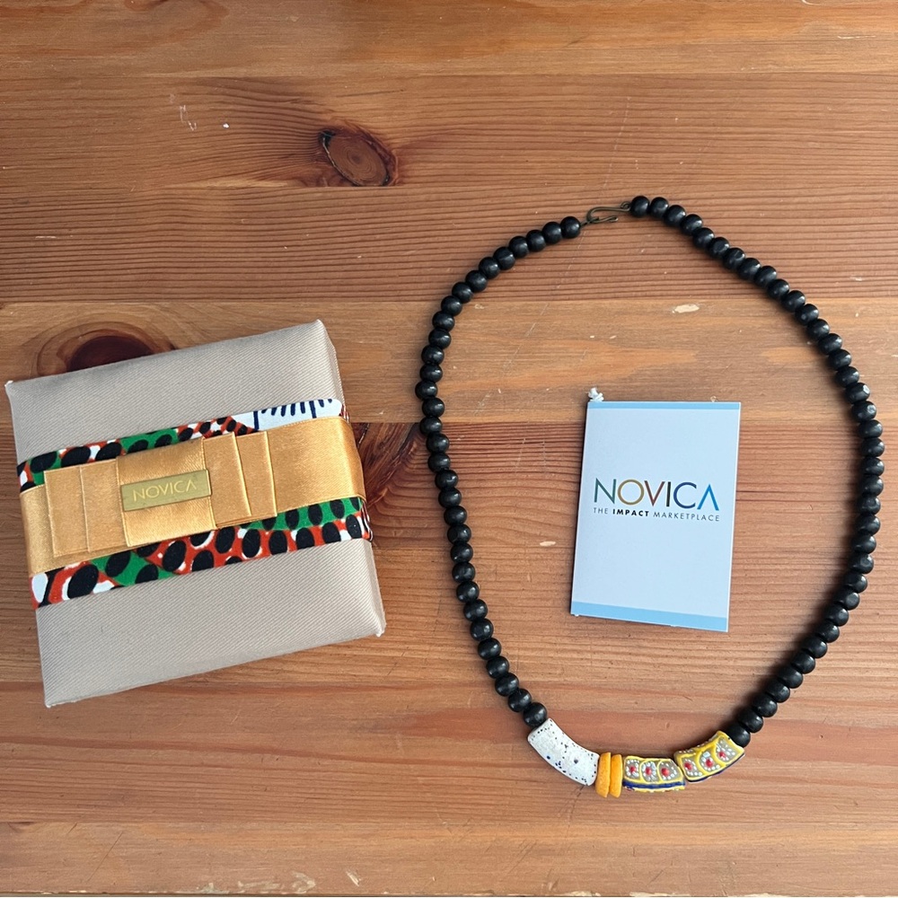Novica Black Beaded Necklace- Ghana